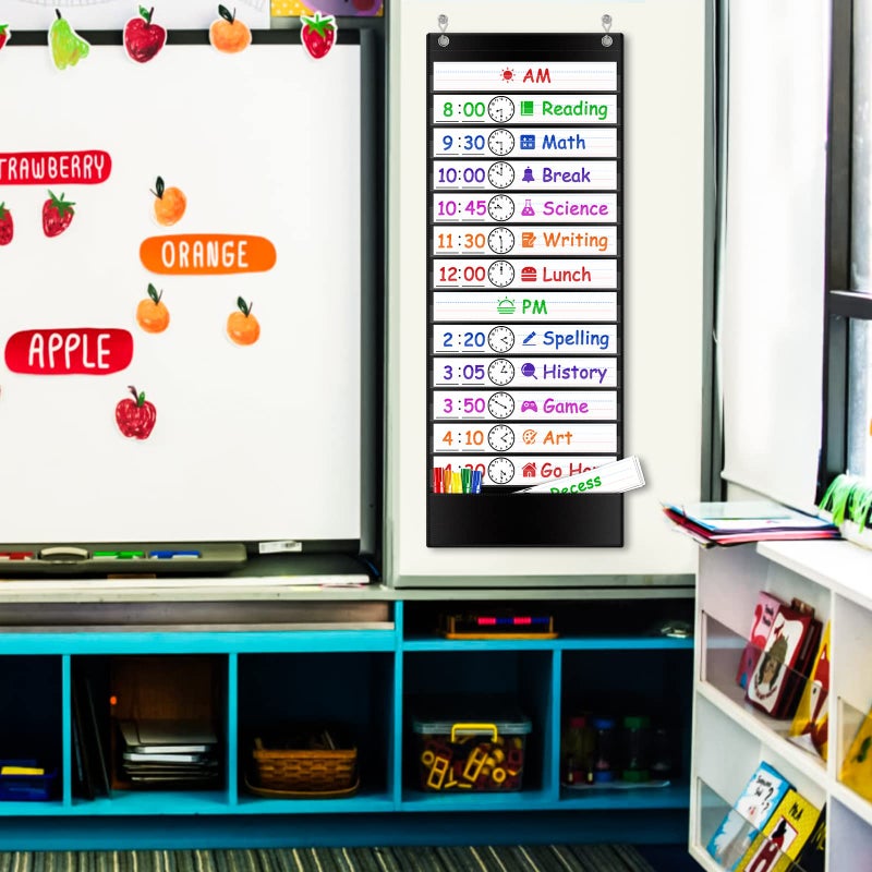 AUVCAS Daily Schedule Pocket Chart, Class Schedule with 13+1 Pockets 18 Dry Eraser Cards 2 Easy Over Door Mountings for Classroom, School, Office or Home (13â€ x 35.5â€) (Black) - Image 2